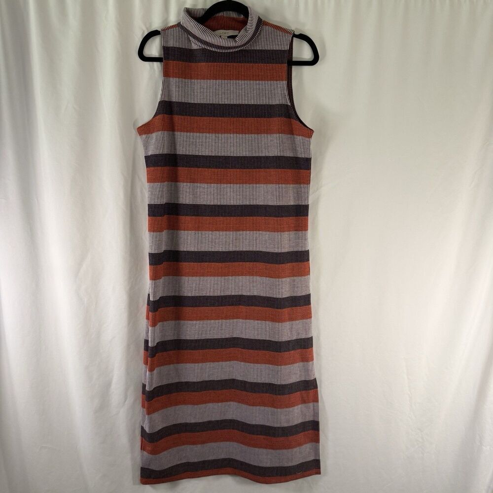 LOFT Midi Dress Women's Small Turtleneck Ribbed Striped Orange Sleeveless Slit